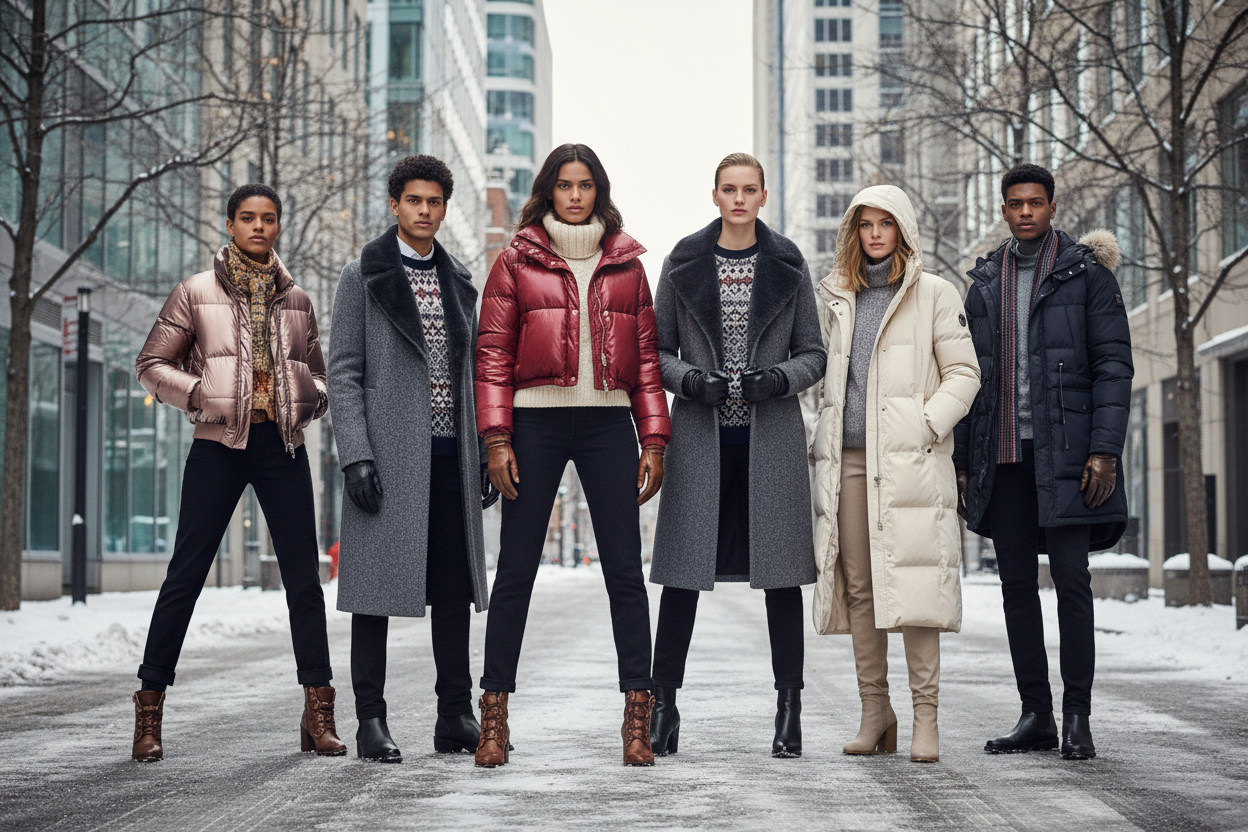 personas llevando chaquetas de moda de invierno